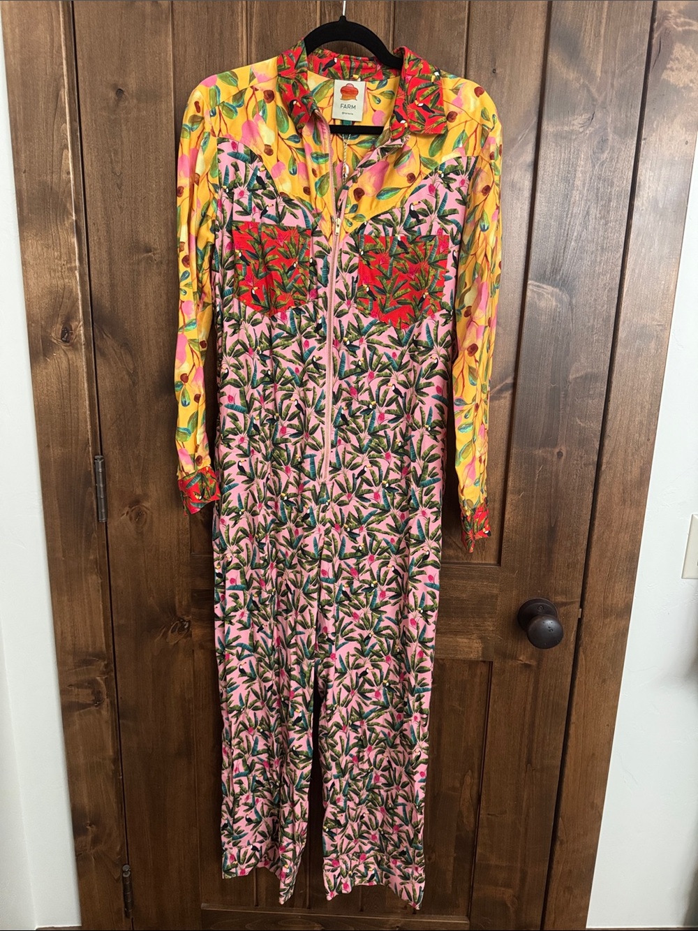 FARM Rio Pink Floral Zip-Front Jumpsuit with Yellow Sleeves